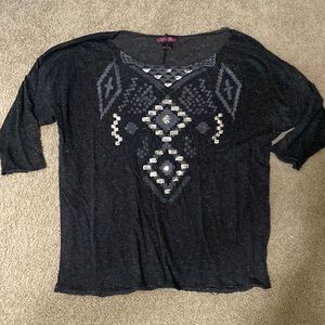 Rock & Roll Cowgirl 3/4 sleeve sequin Aztec top; dark gray; size L